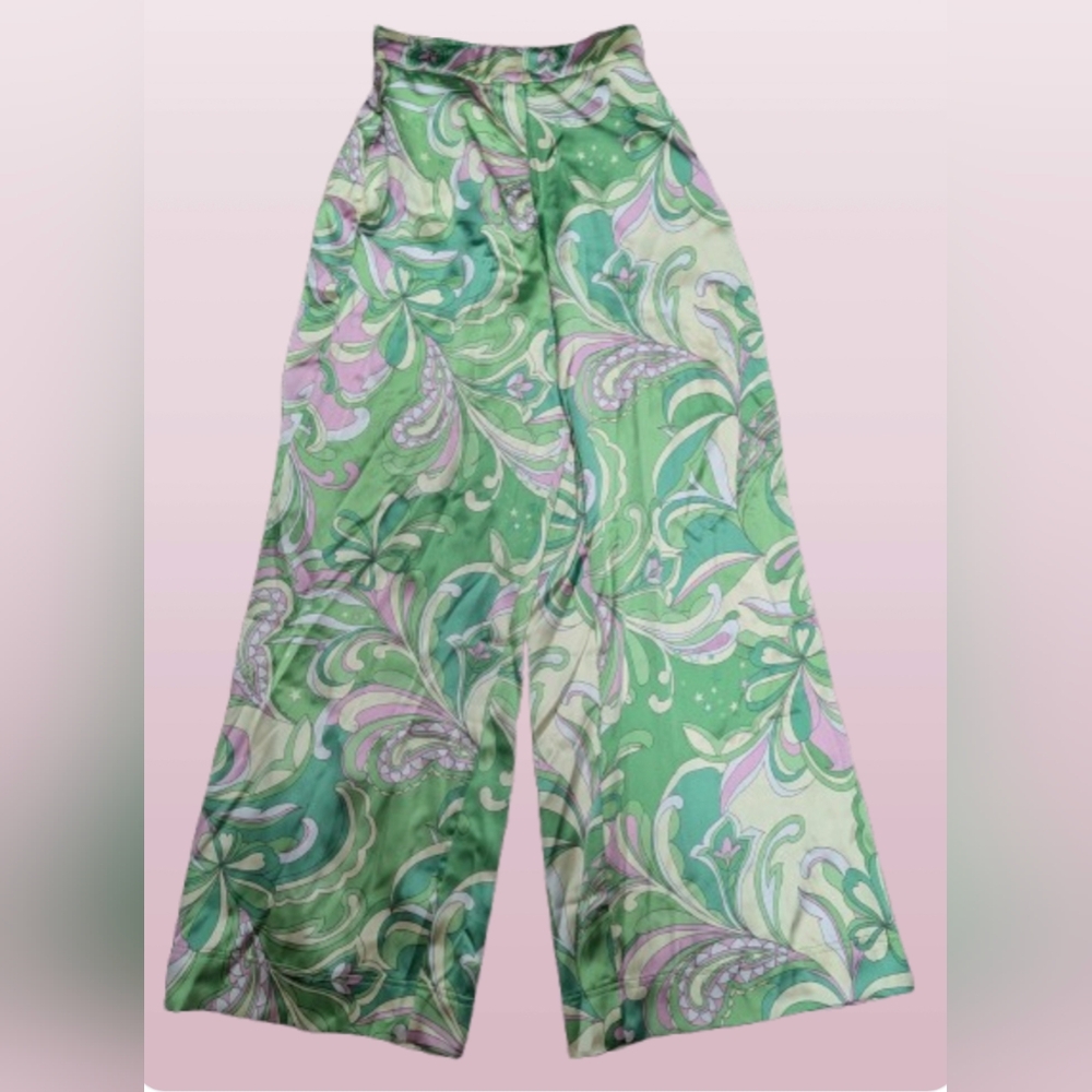 Nwot House Of Harlow Groovy Psychedelic Silky Wide Leg Trousers XS Retro